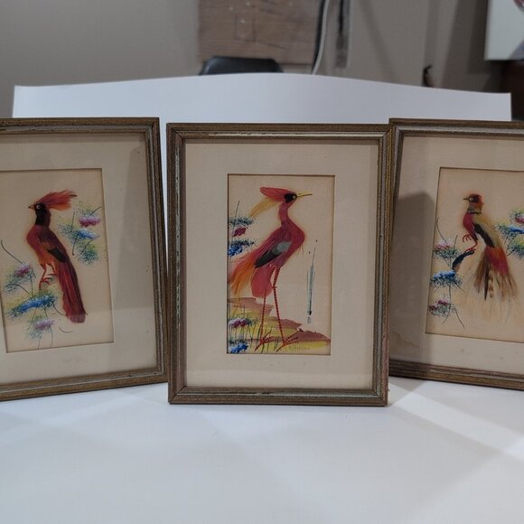 VINTAGE Art Deco Feathercraft Feather Bird Art Framed Set Of 3 - Picture 1 of 10